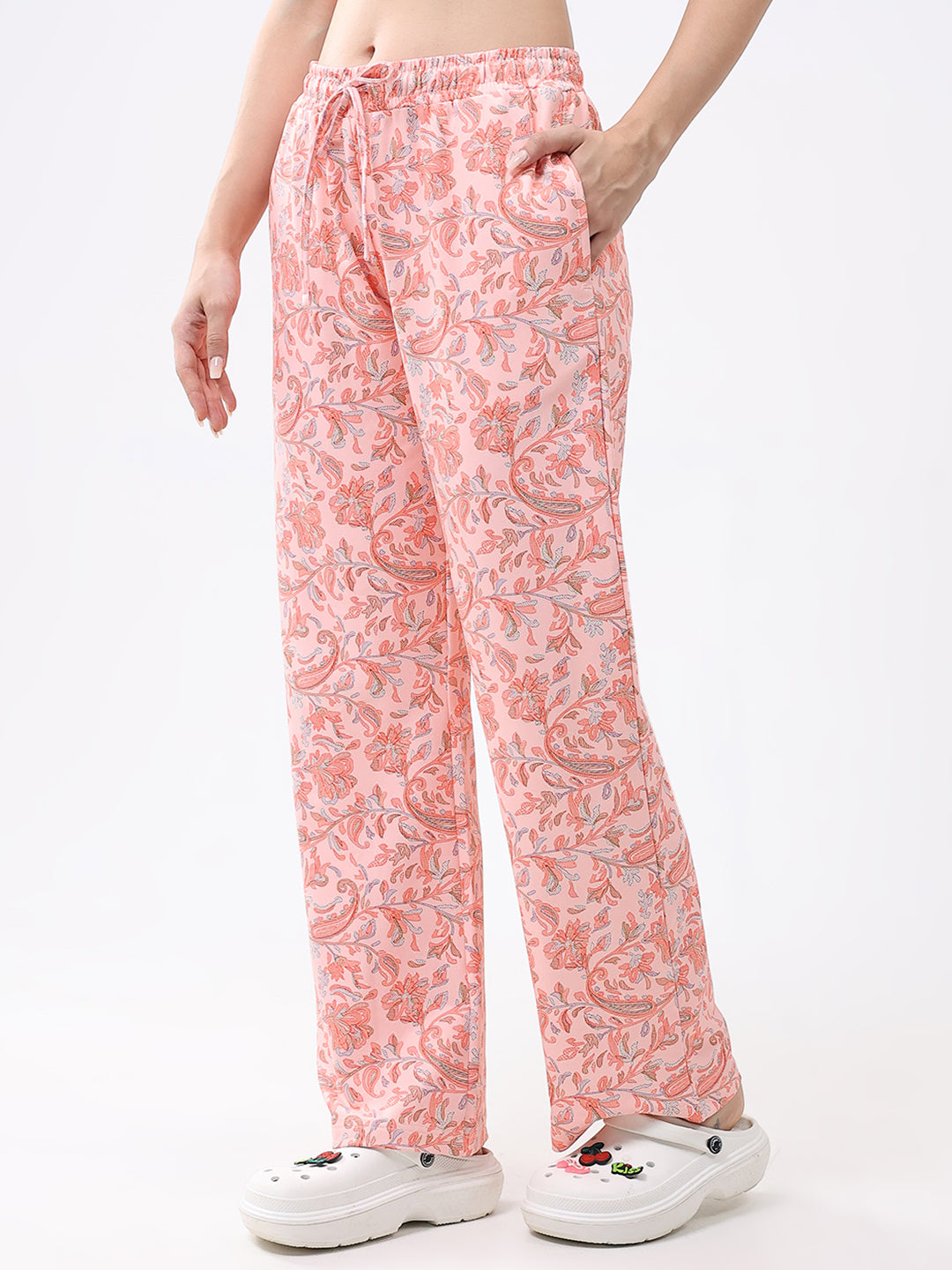 Women Peach Printed Round Neck Full Sleeve Lower Set