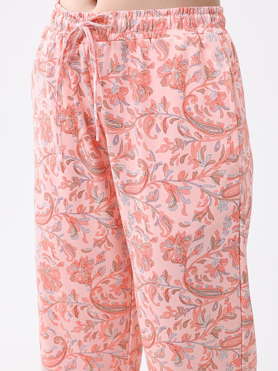 Women Peach Printed Round Neck Full Sleeve Lower Set