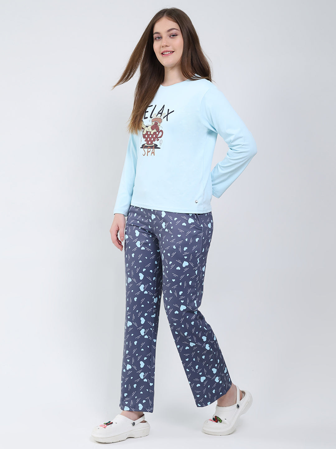 Women Sky Blue Printed Round Neck Full Sleeve Lower Set