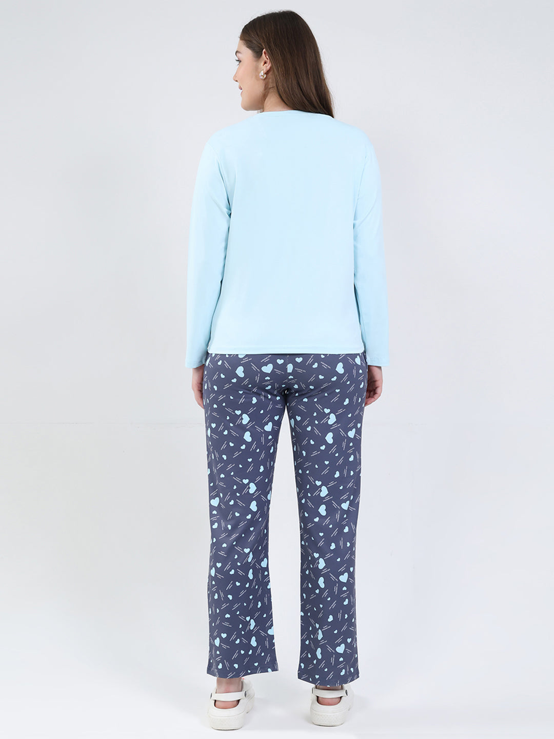 Women Sky Blue Printed Round Neck Full Sleeve Lower Set