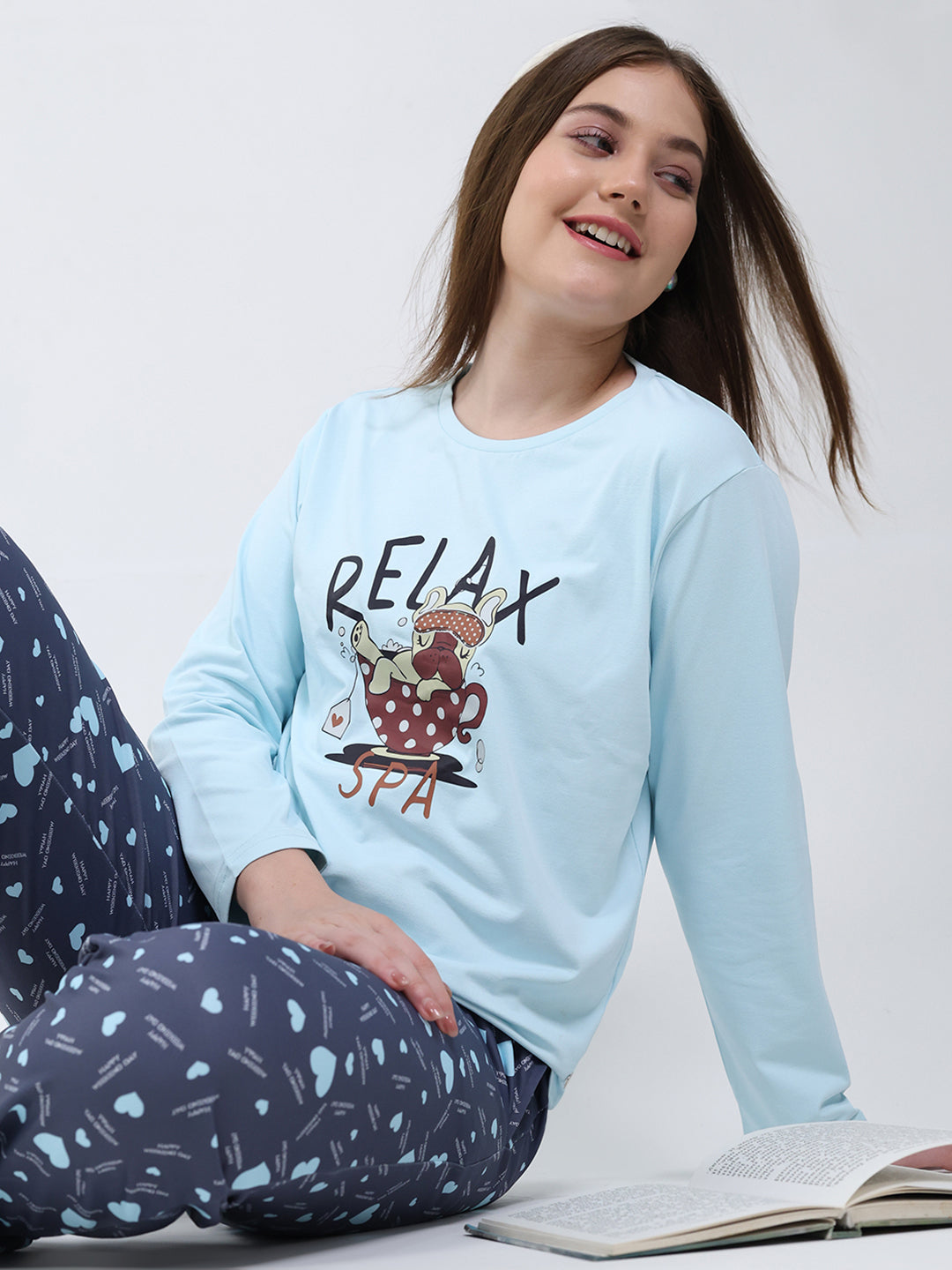 Women Sky Blue Printed Round Neck Full Sleeve Lower Set