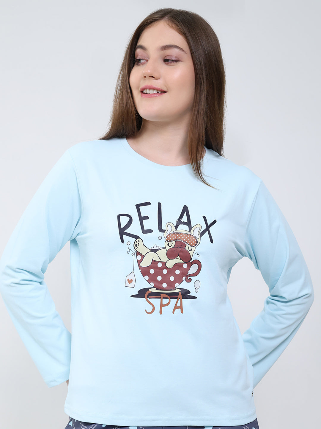 Women Sky Blue Printed Round Neck Full Sleeve Lower Set