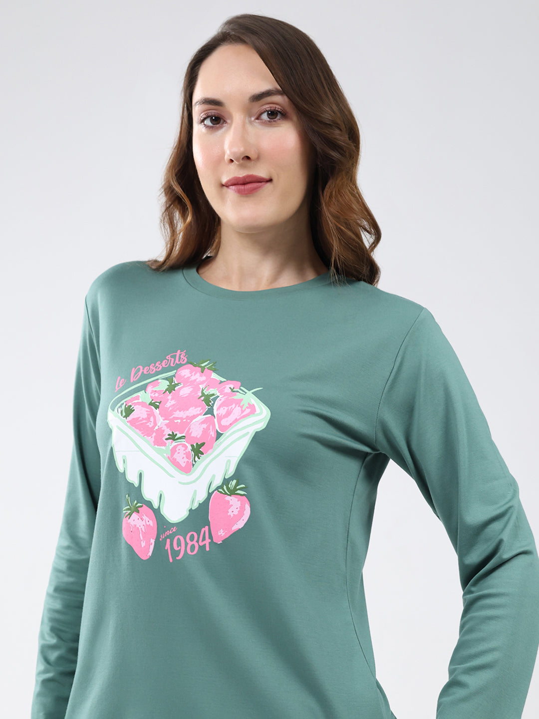 Women Green Printed Round Neck Full Sleeve Lower Set