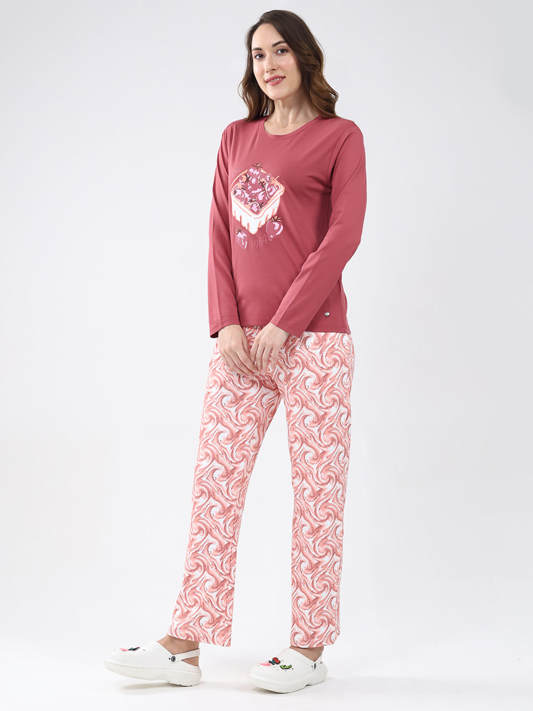 Women Pink Printed Round Neck Full Sleeve Lower Set