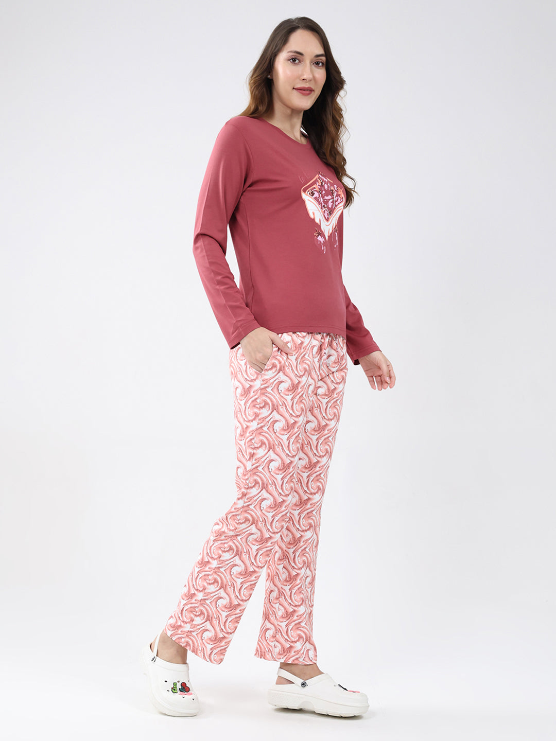 Women Pink Printed Round Neck Full Sleeve Lower Set