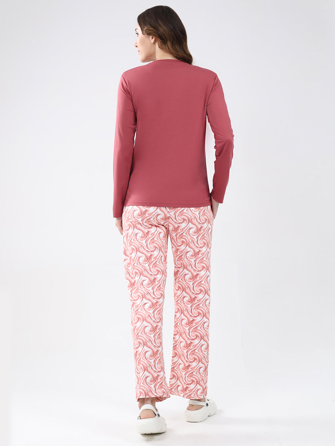 Women Pink Printed Round Neck Full Sleeve Lower Set