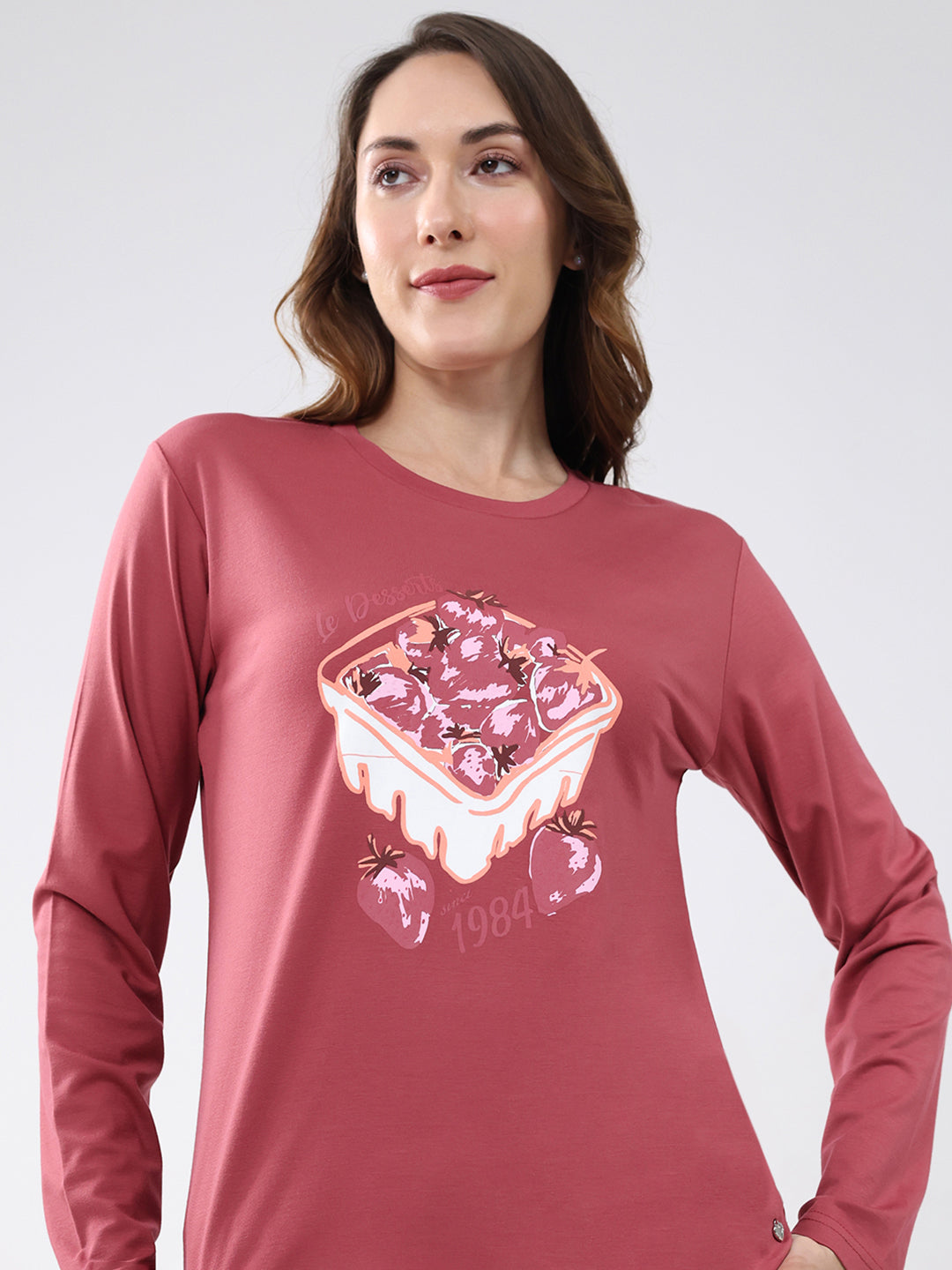 Women Pink Printed Round Neck Full Sleeve Lower Set