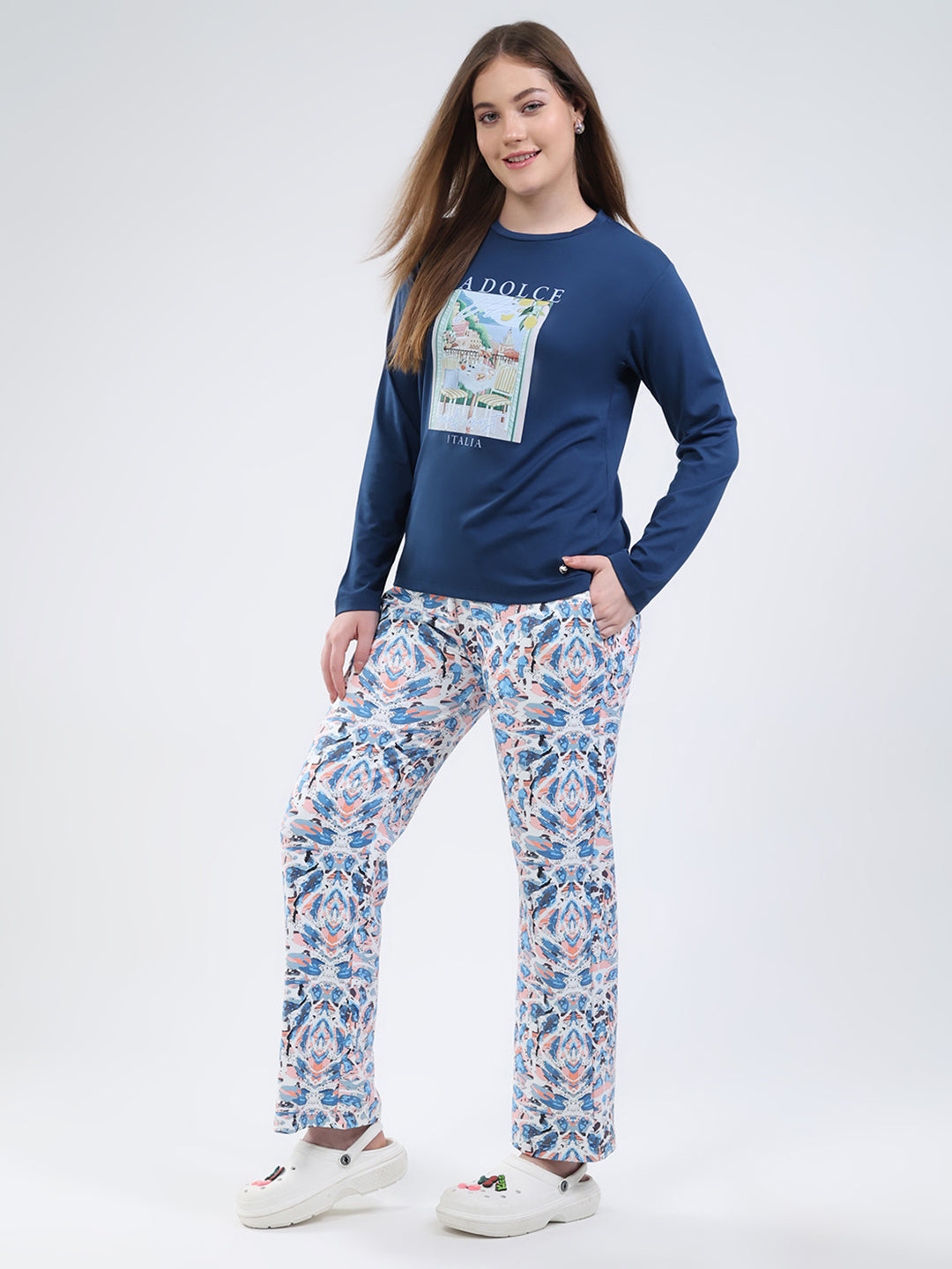 Women Blue Printed Round Neck Full Sleeve Lower Set
