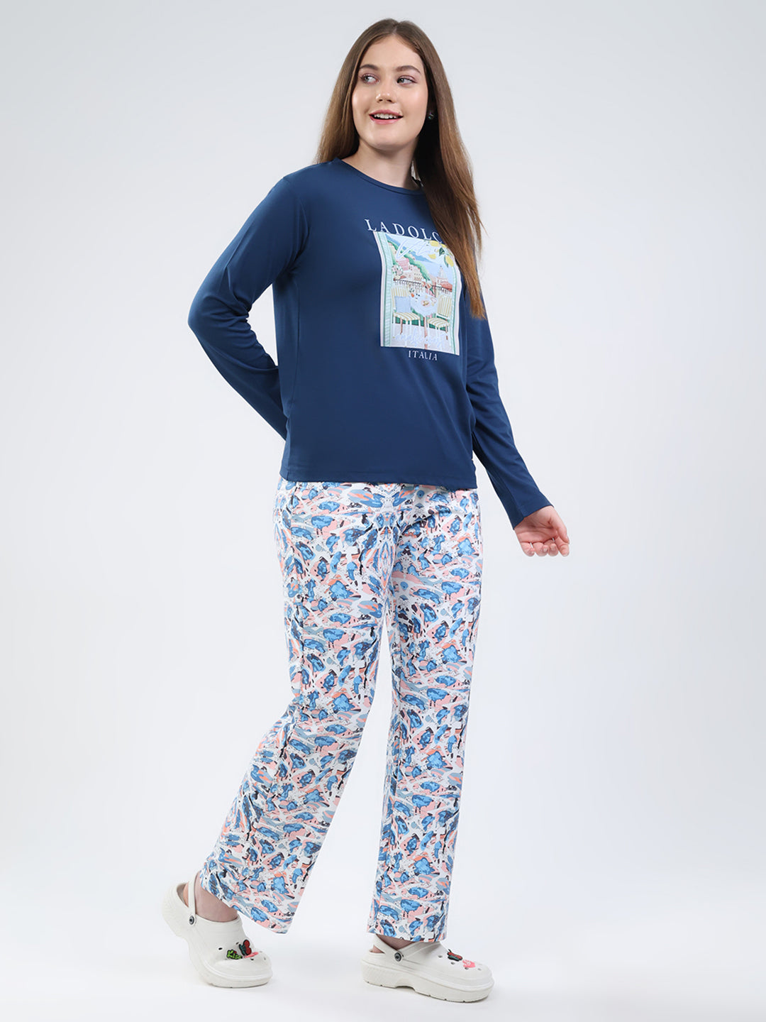 Women Blue Printed Round Neck Full Sleeve Lower Set