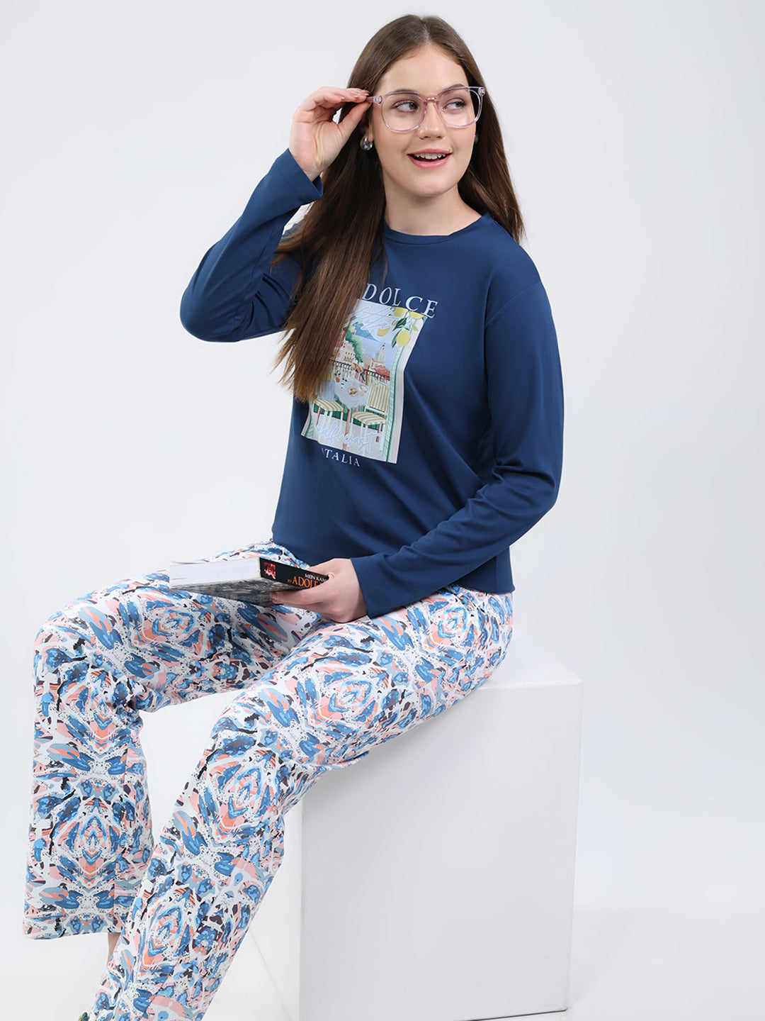 Women Blue Printed Round Neck Full Sleeve Lower Set