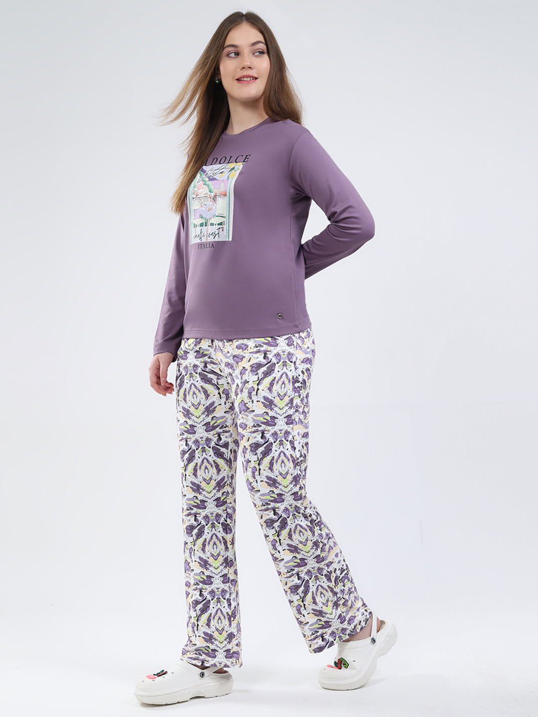 Women Purple Printed Round Neck Full Sleeve Lower Set