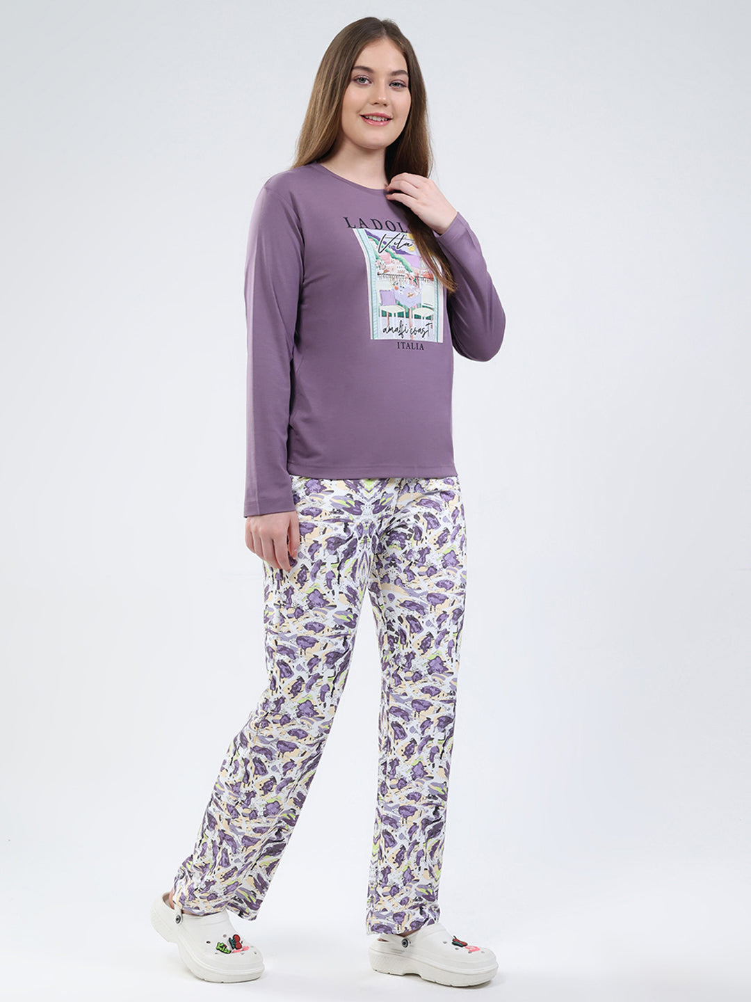 Women Purple Printed Round Neck Full Sleeve Lower Set