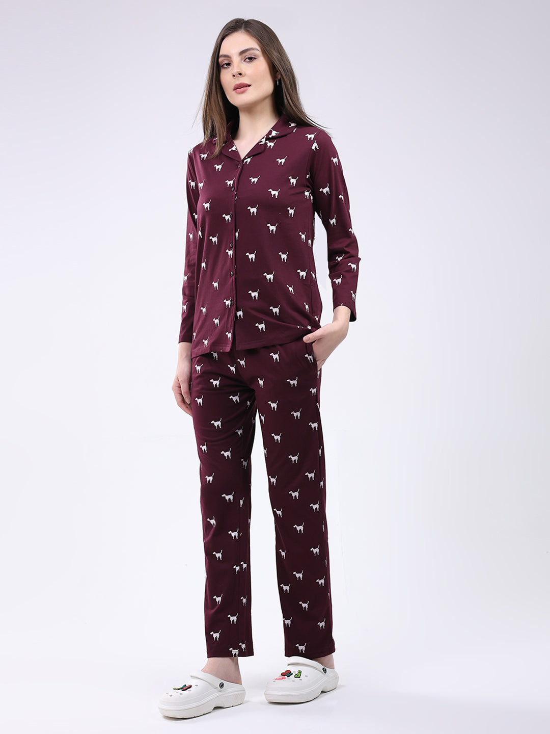 Women Maroon Printed Collar Full Sleeve Lower Set