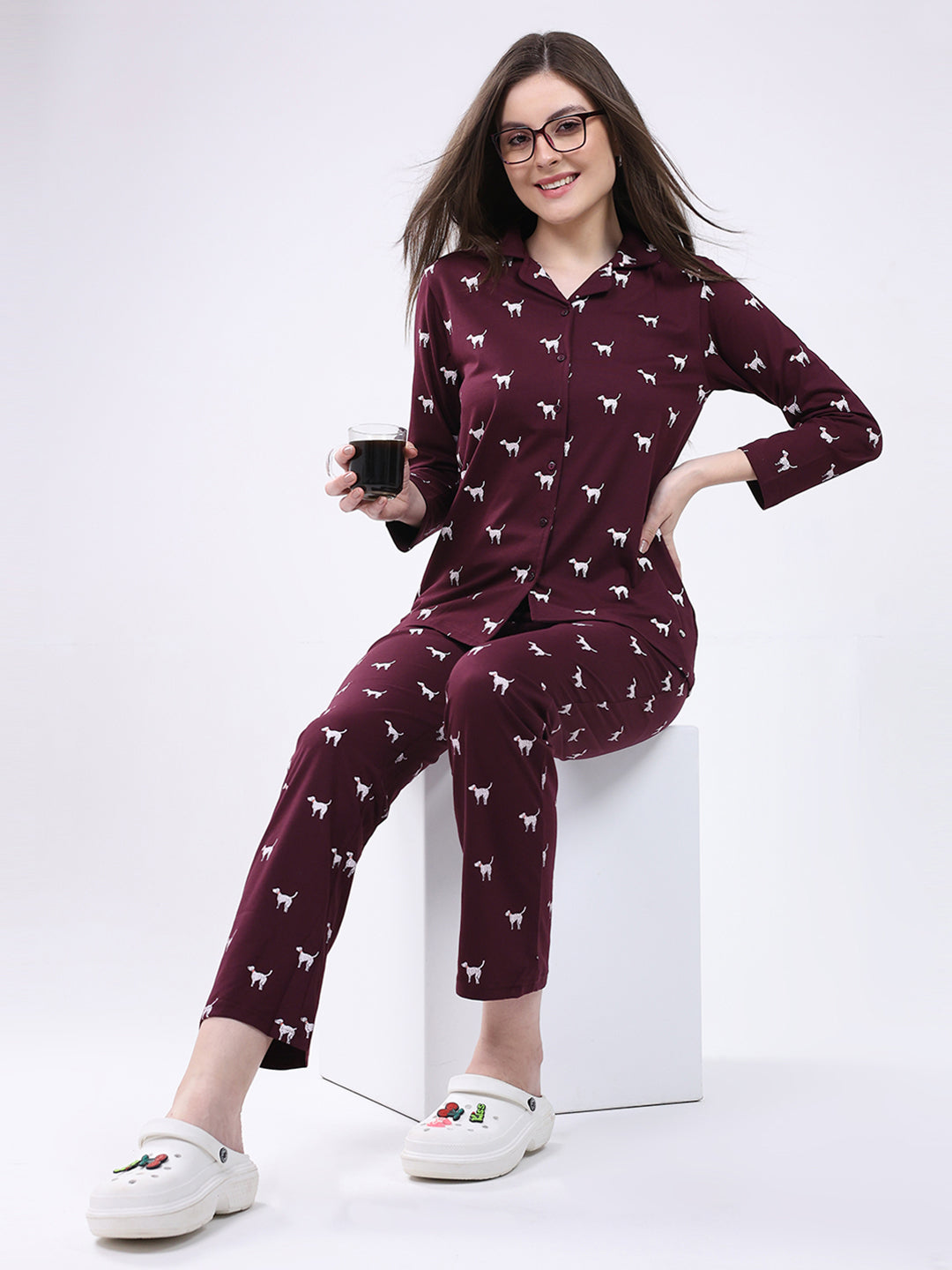 Women Maroon Printed Collar Full Sleeve Lower Set