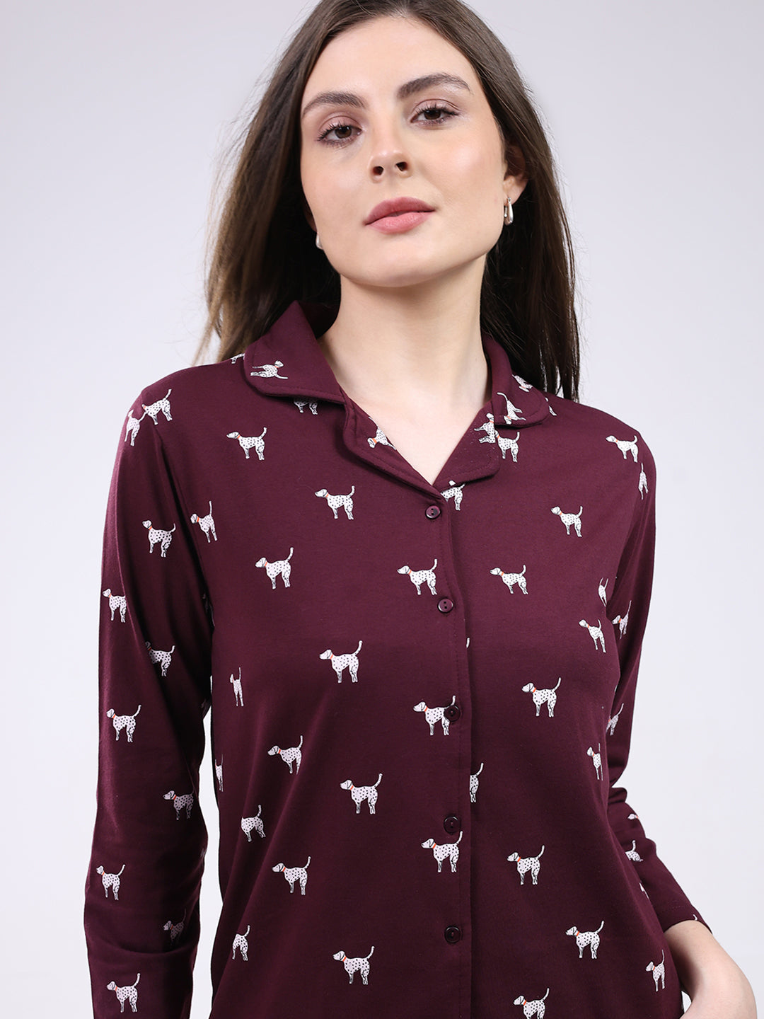 Women Maroon Printed Collar Full Sleeve Lower Set
