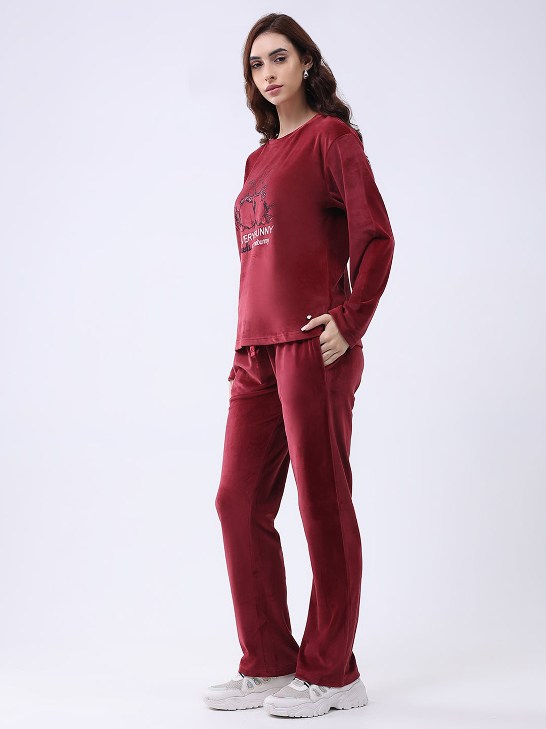 Women Maroon Printed Round Neck Full Sleeve Lower Set