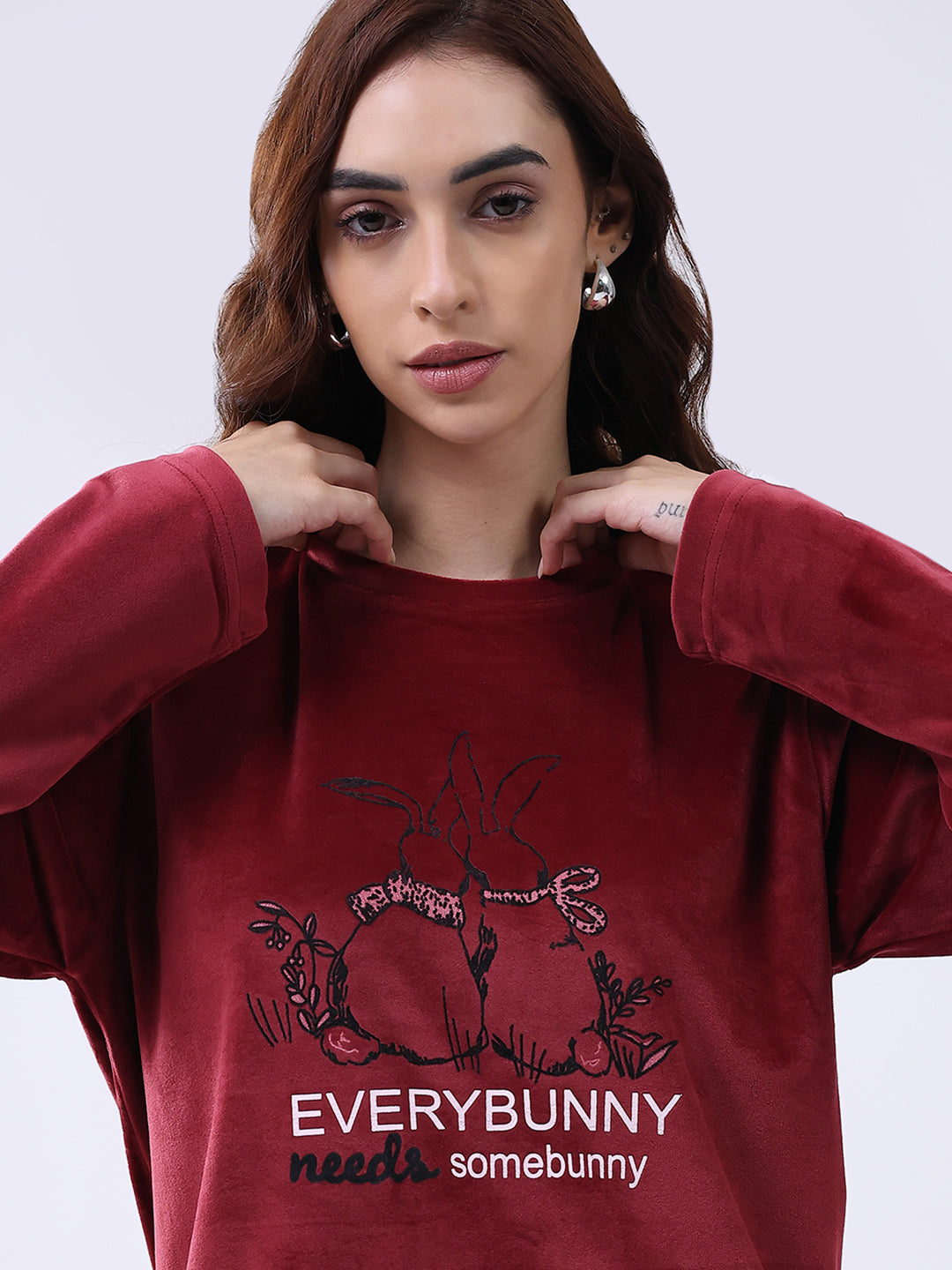 Women Maroon Printed Round Neck Full Sleeve Lower Set