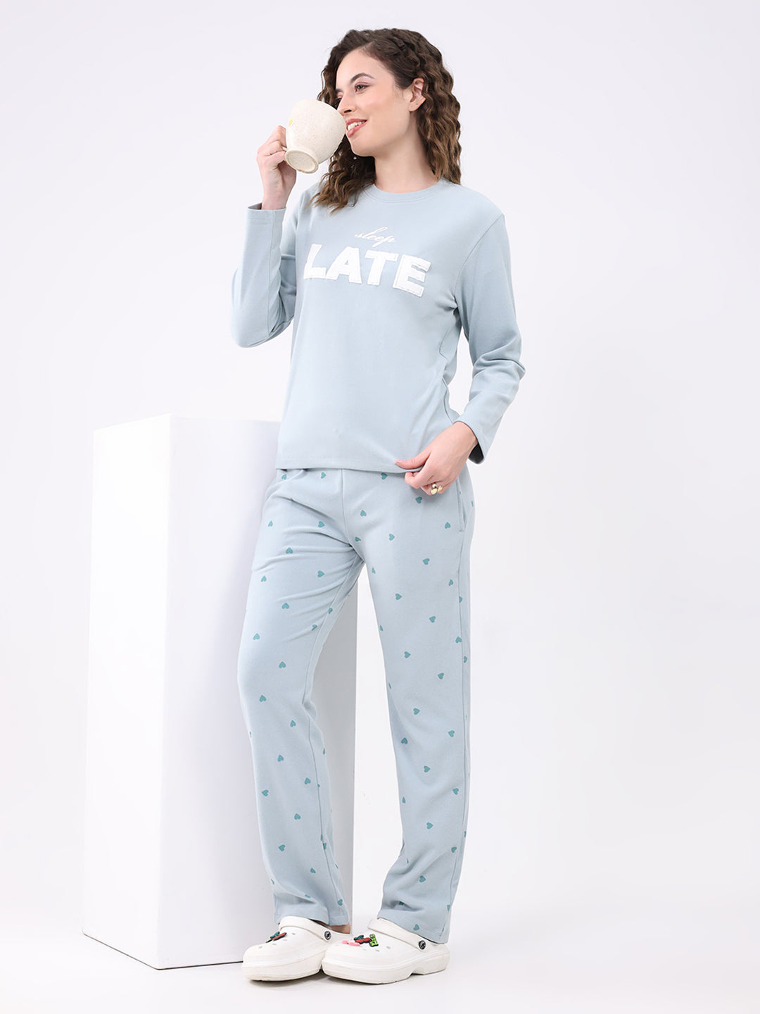 Women Blue Printed Round Neck Full Sleeve Lower Set