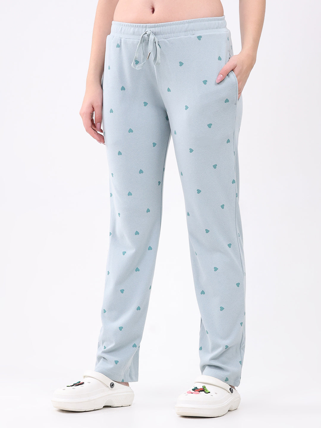 Women Blue Printed Round Neck Full Sleeve Lower Set