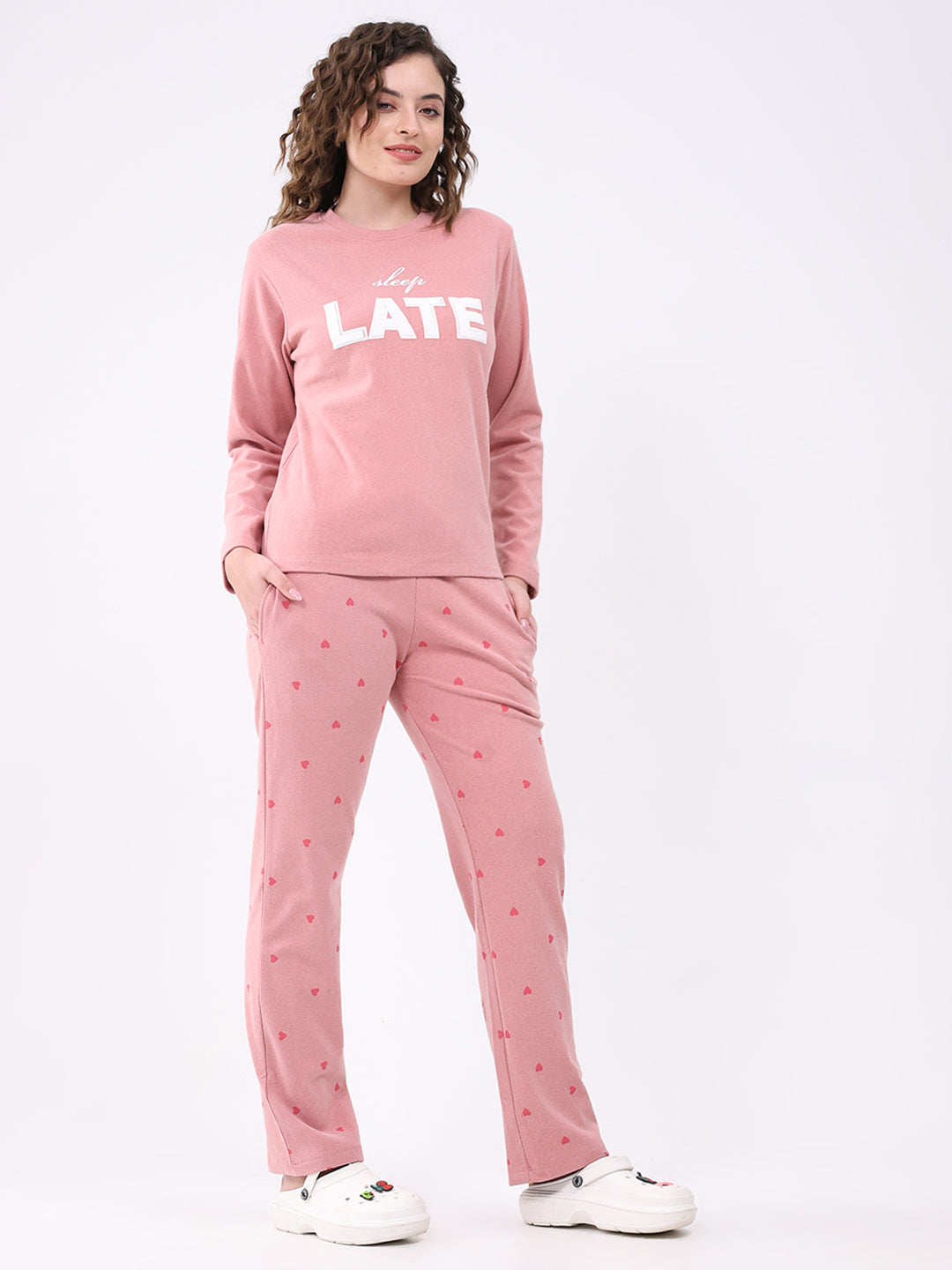 Women Pink Printed Round Neck Full Sleeve Lower Set