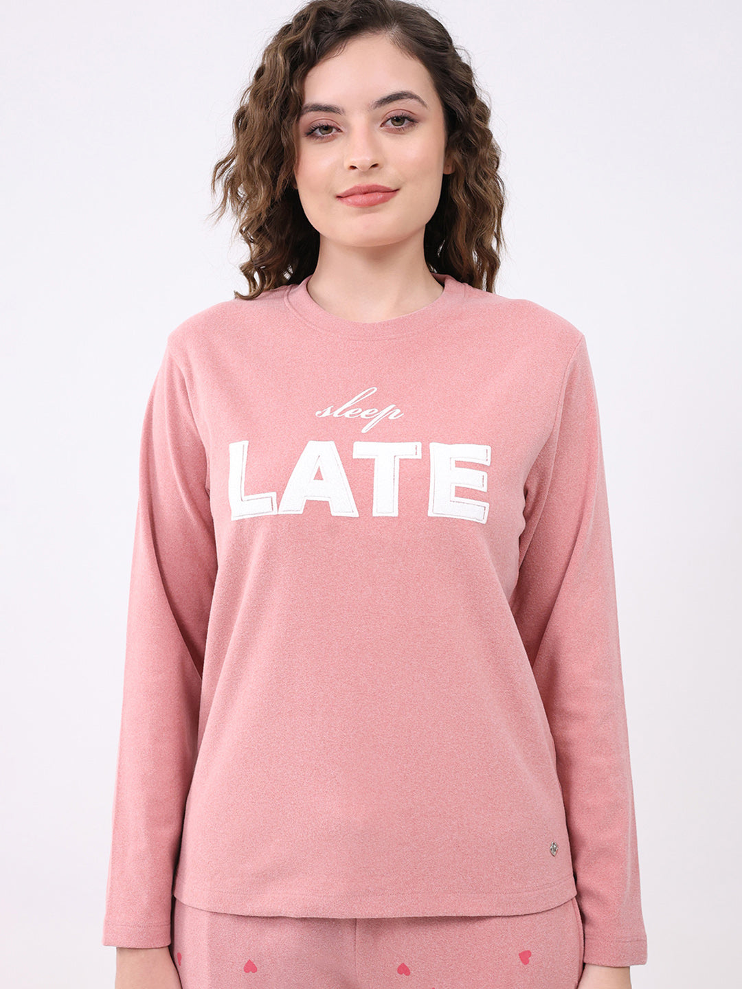 Women Pink Printed Round Neck Full Sleeve Lower Set