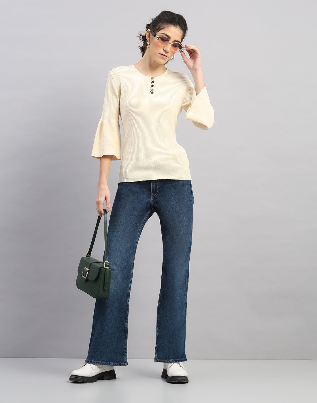 Women Cream Self Design Round Neck Full Sleeve Winter Top