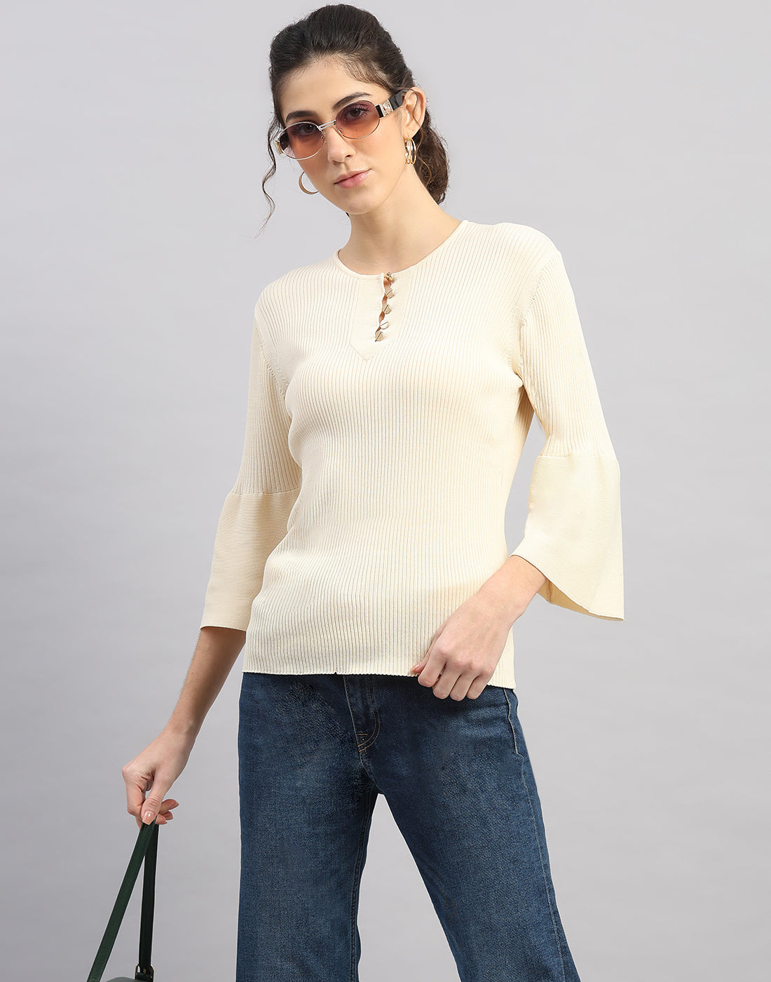 Women Cream Self Design Round Neck Full Sleeve Winter Top