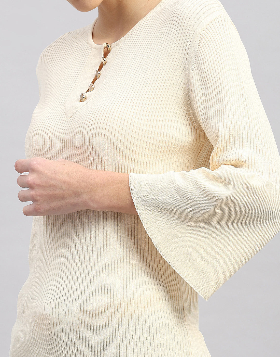 Women Cream Self Design Round Neck Full Sleeve Winter Top
