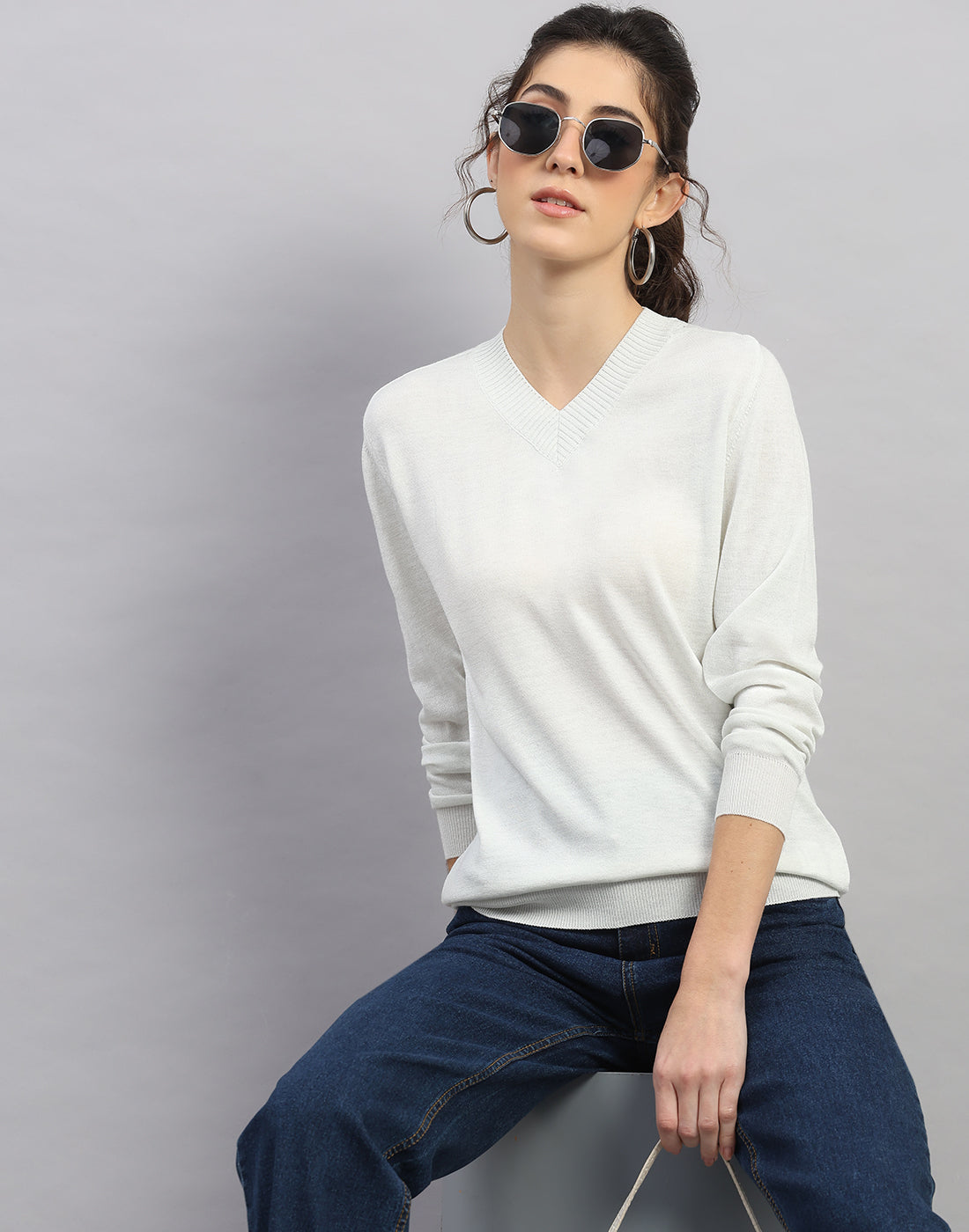 Women White Self Design V Neck Full Sleeve Winter Top