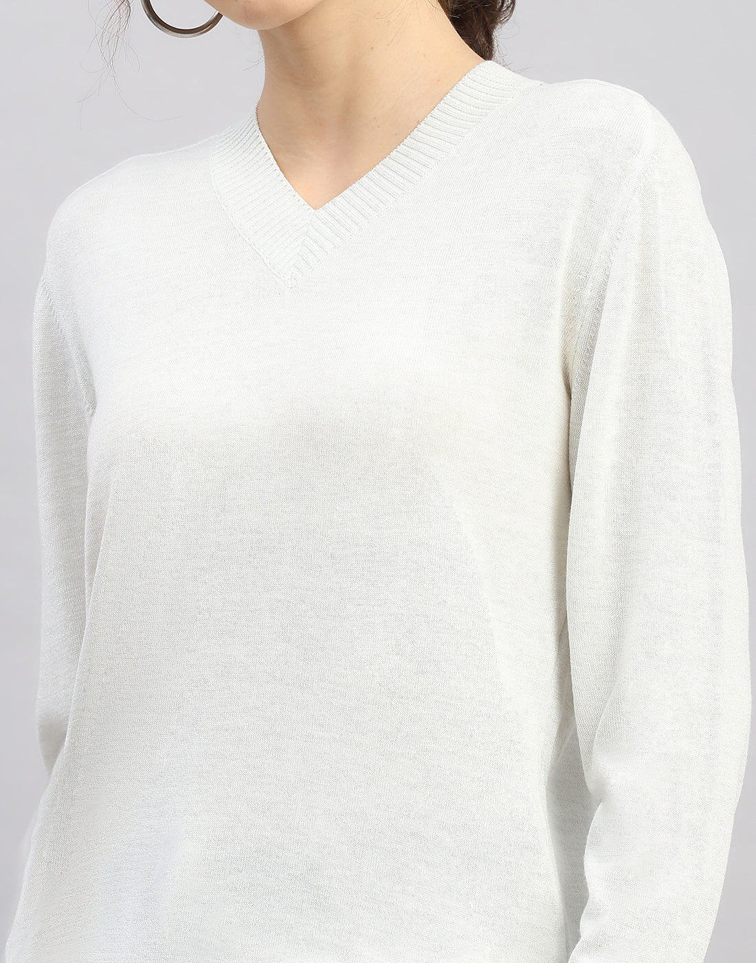 Women White Self Design V Neck Full Sleeve Winter Top