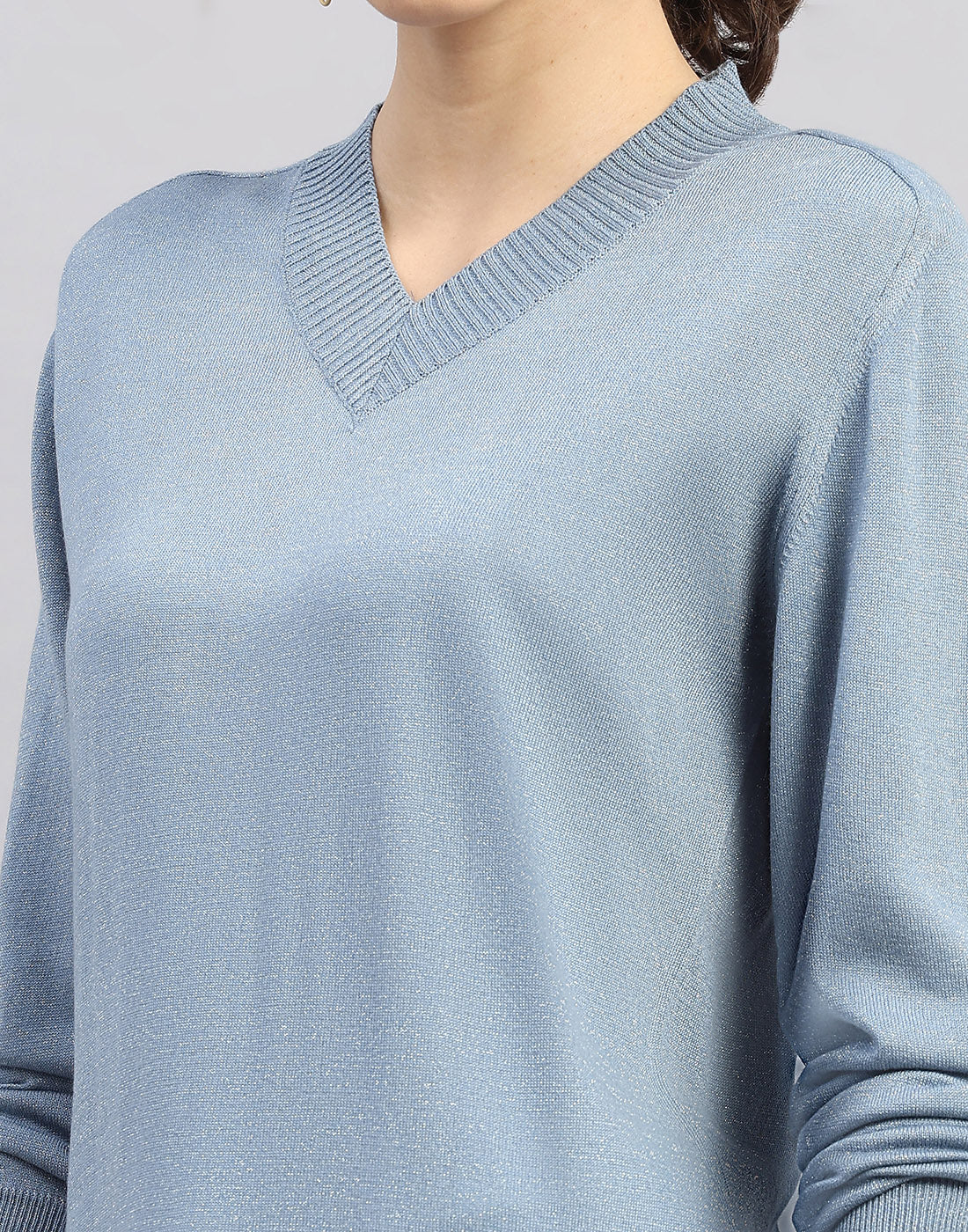 Women Light Blue Self Design V Neck Full Sleeve Winter Top
