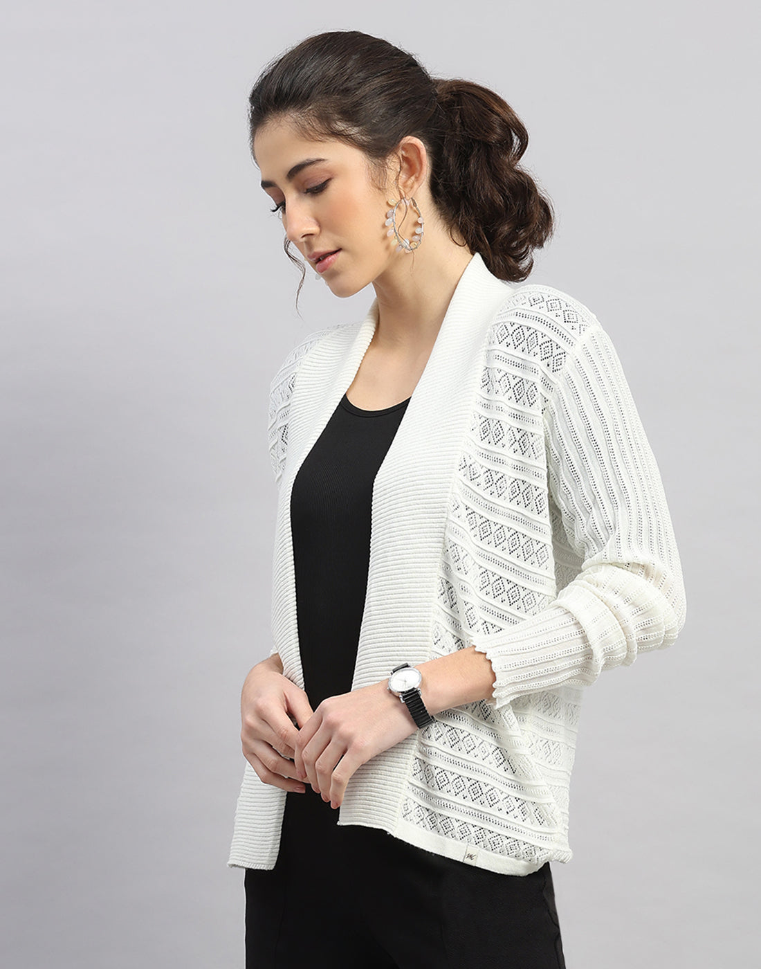 Women White Self Design Front Open Full Sleeve Winter Top