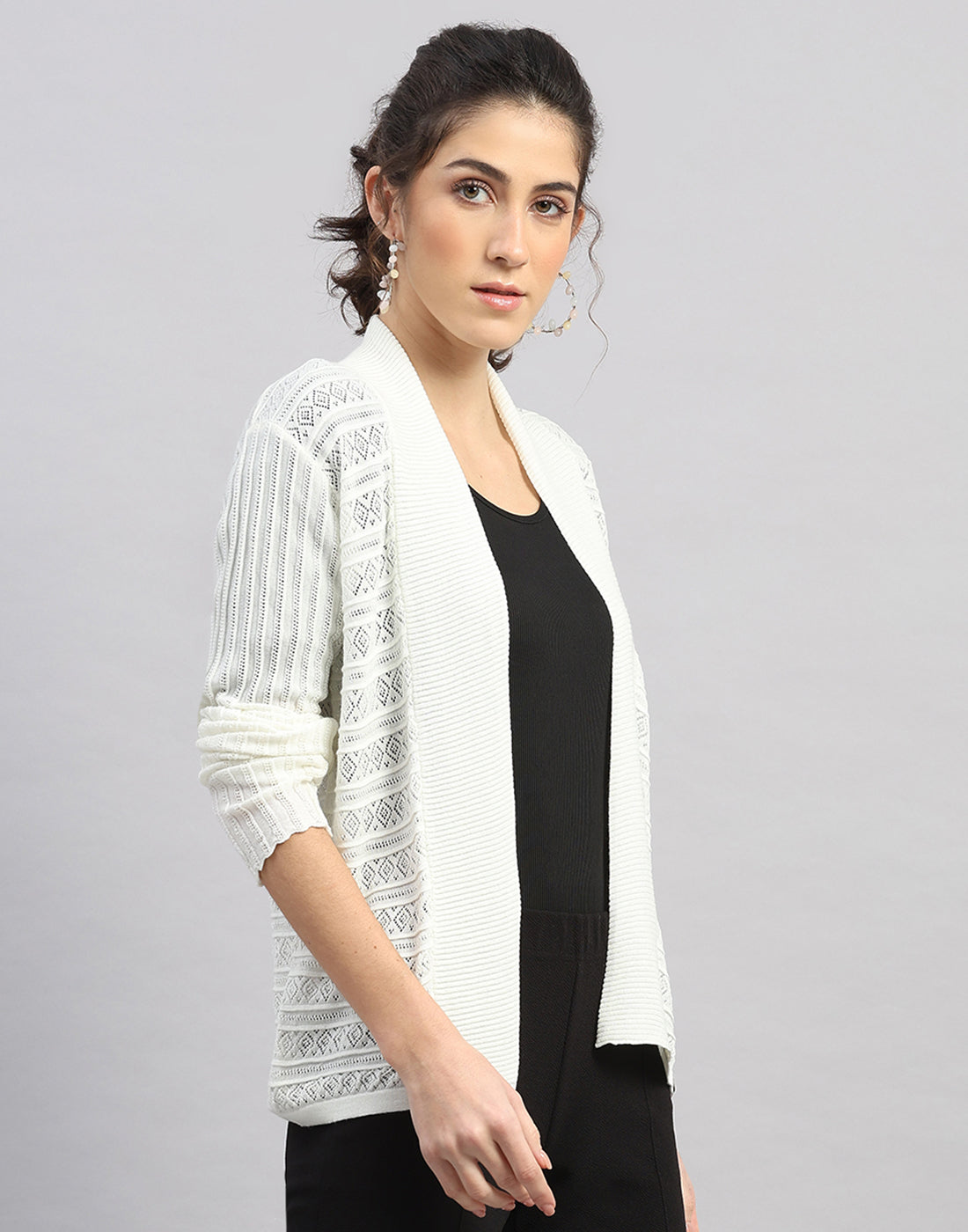Women White Self Design Front Open Full Sleeve Winter Top