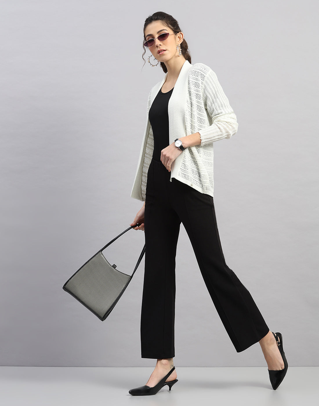 Women White Self Design Front Open Full Sleeve Winter Top