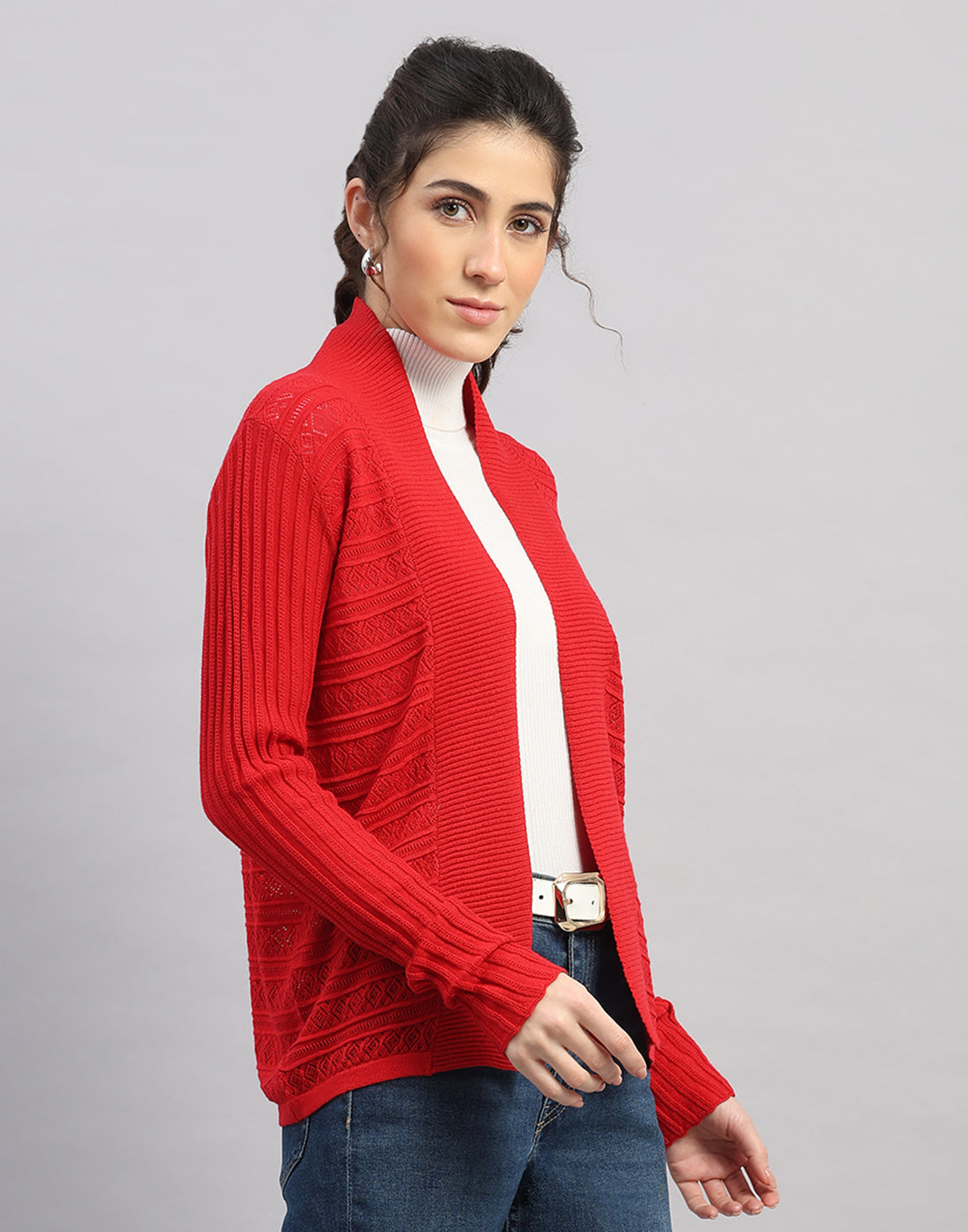 Women Red Self Design Front Open Full Sleeve Winter Top
