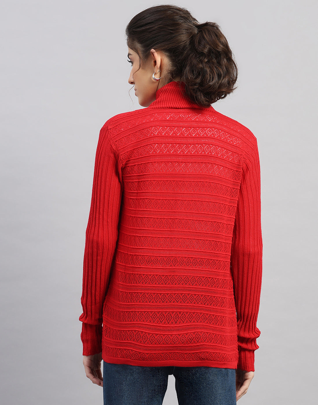 Women Red Self Design Front Open Full Sleeve Winter Top