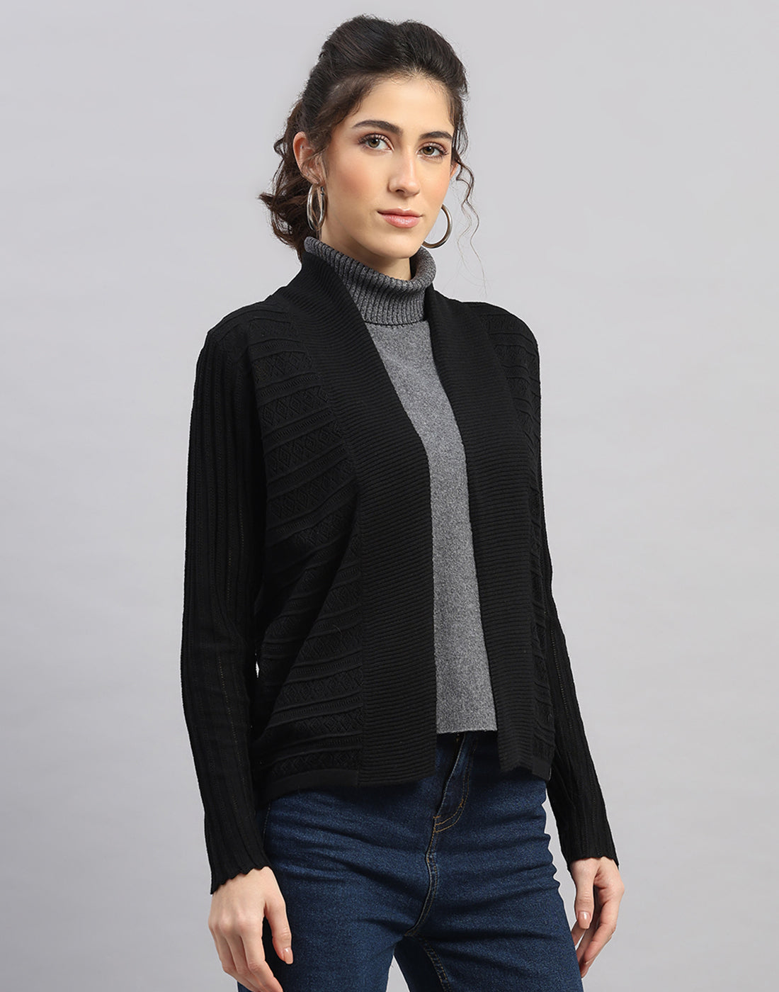 Women Black Self Design Front Open Full Sleeve Winter Top