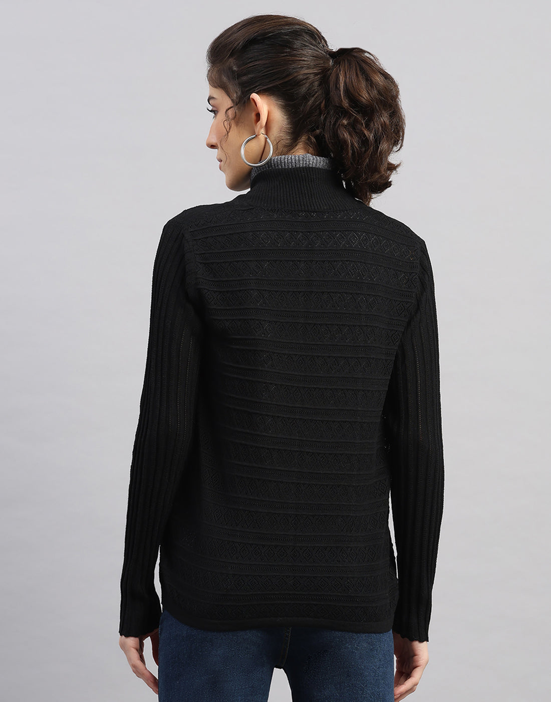 Women Black Self Design Front Open Full Sleeve Winter Top