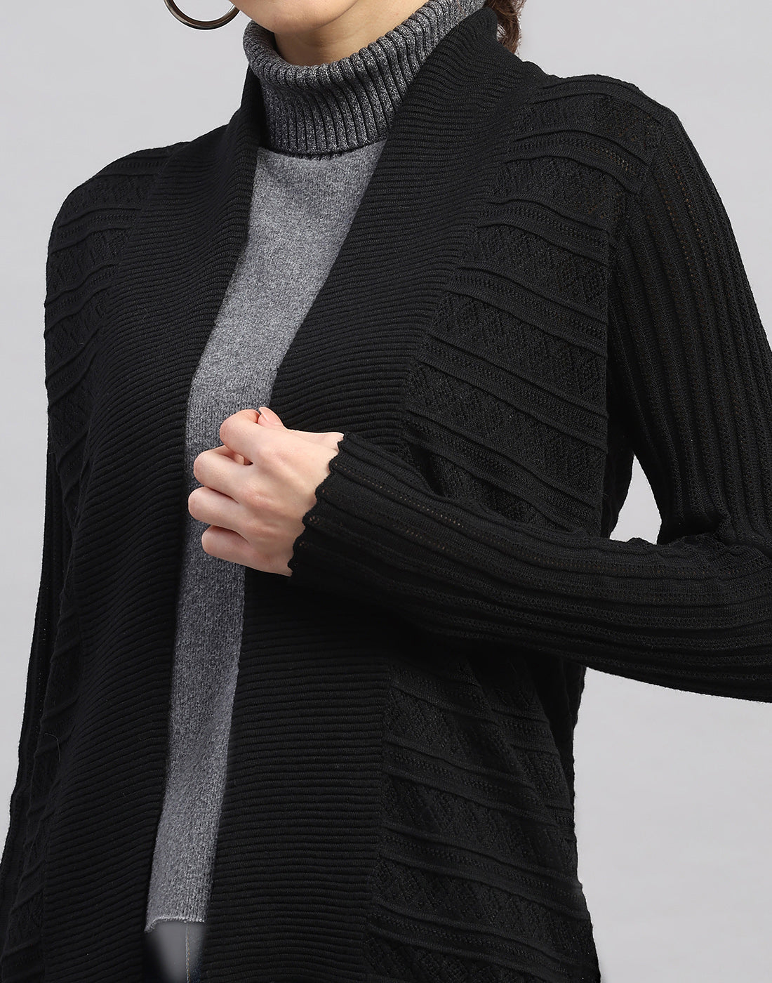 Women Black Self Design Front Open Full Sleeve Winter Top
