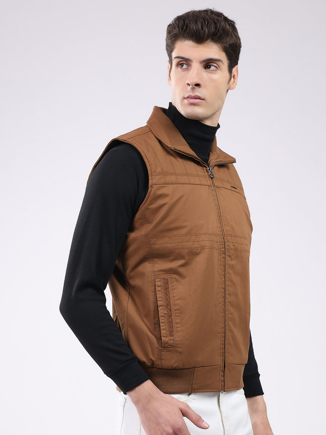 Men Brown Solid Collar Sleeveless Jacket