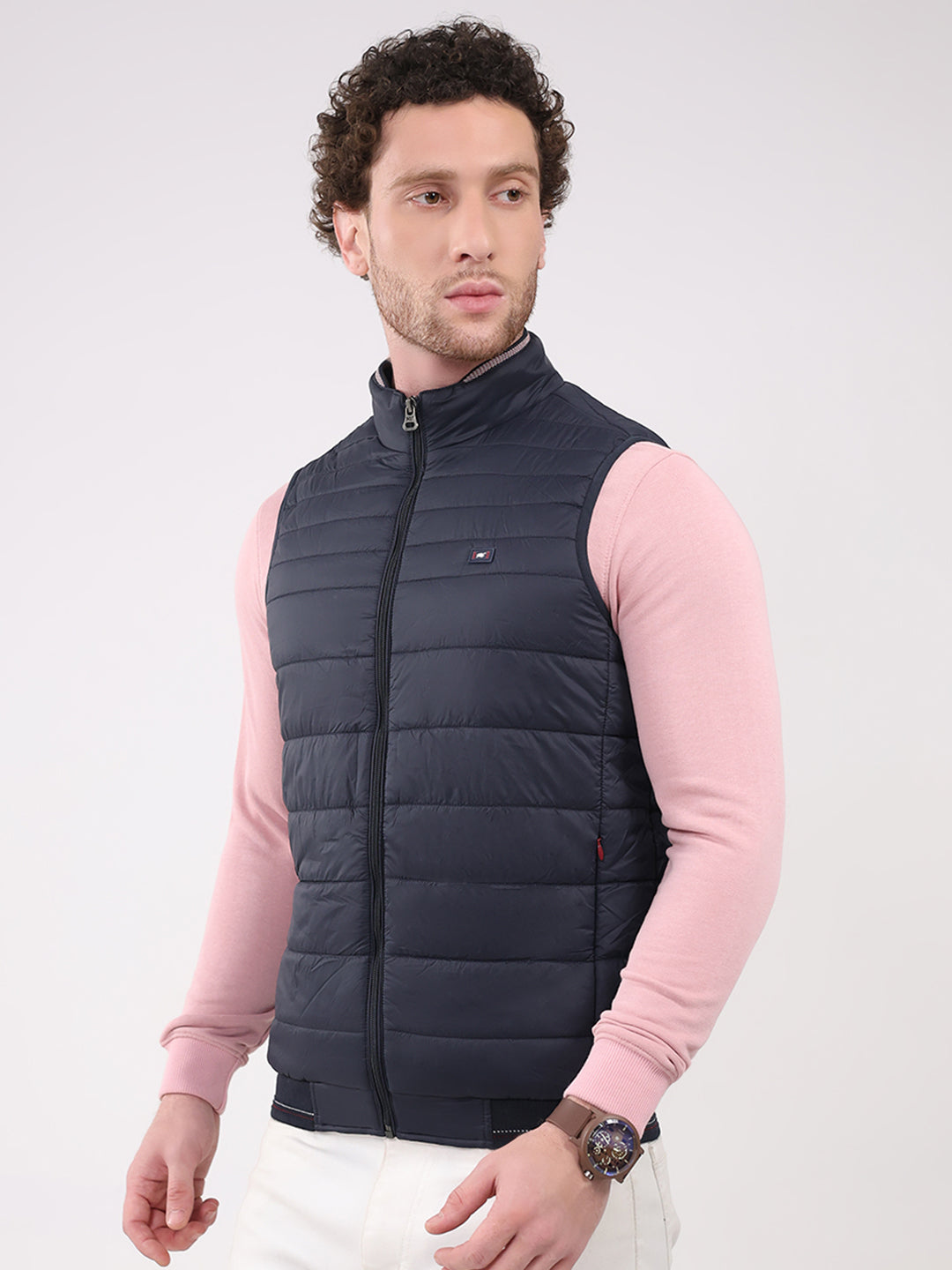 Men Navy Blue Solid Collar Sleeveless Jacket