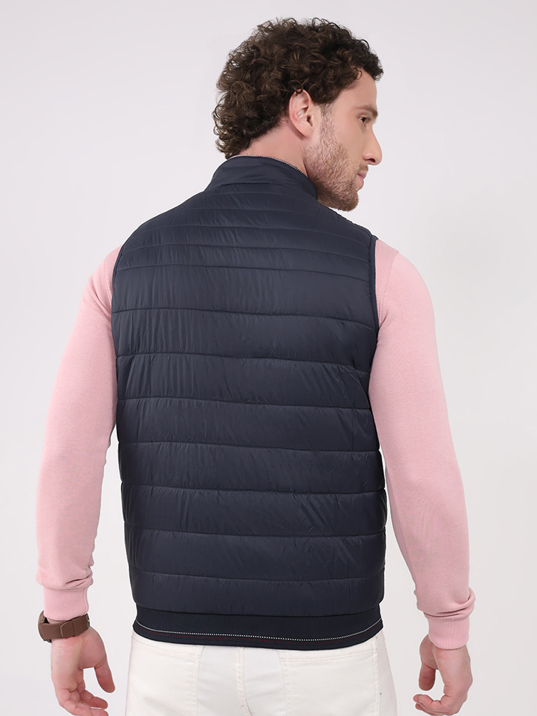 Men Navy Blue Solid Collar Sleeveless Jacket