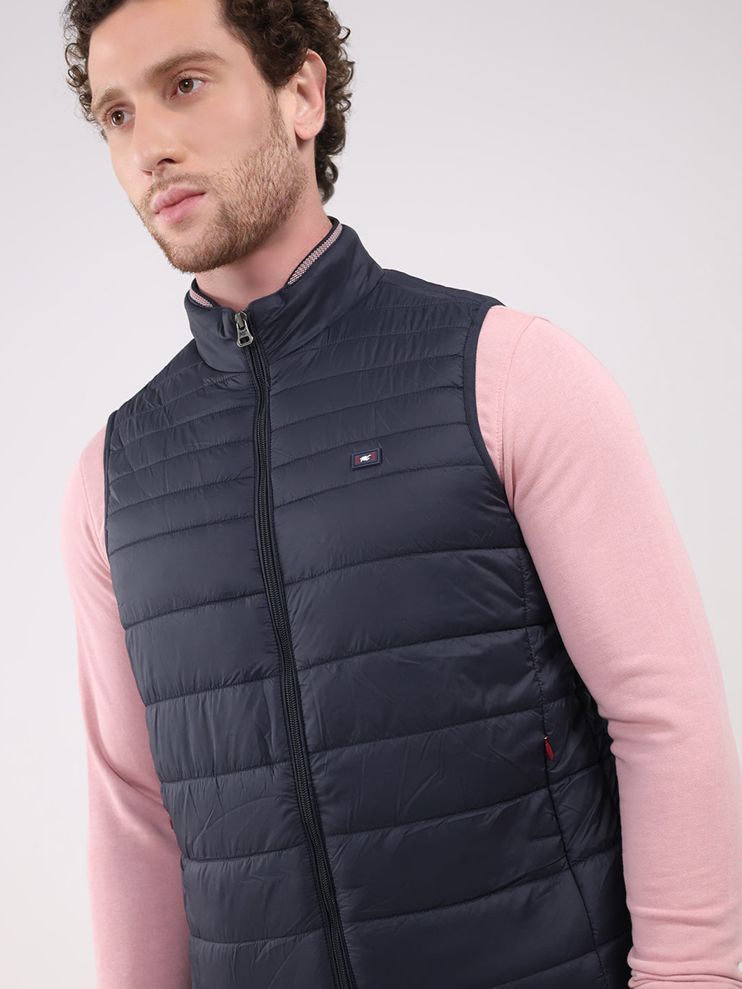 Men Navy Blue Solid Collar Sleeveless Jacket