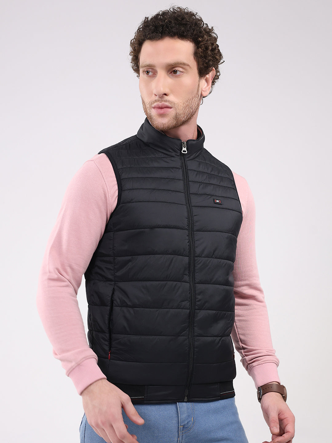 Men Black Solid Collar Sleeveless Jacket