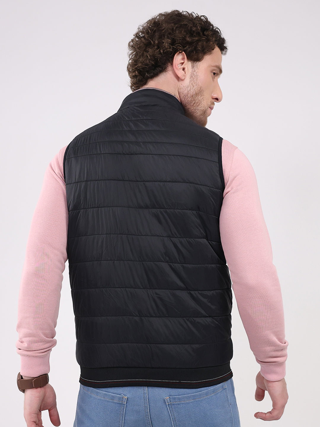 Men Black Solid Collar Sleeveless Jacket