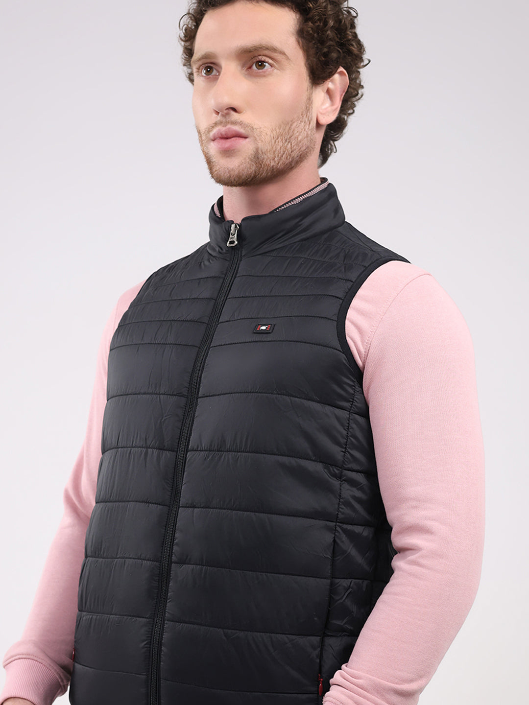 Men Black Solid Collar Sleeveless Jacket