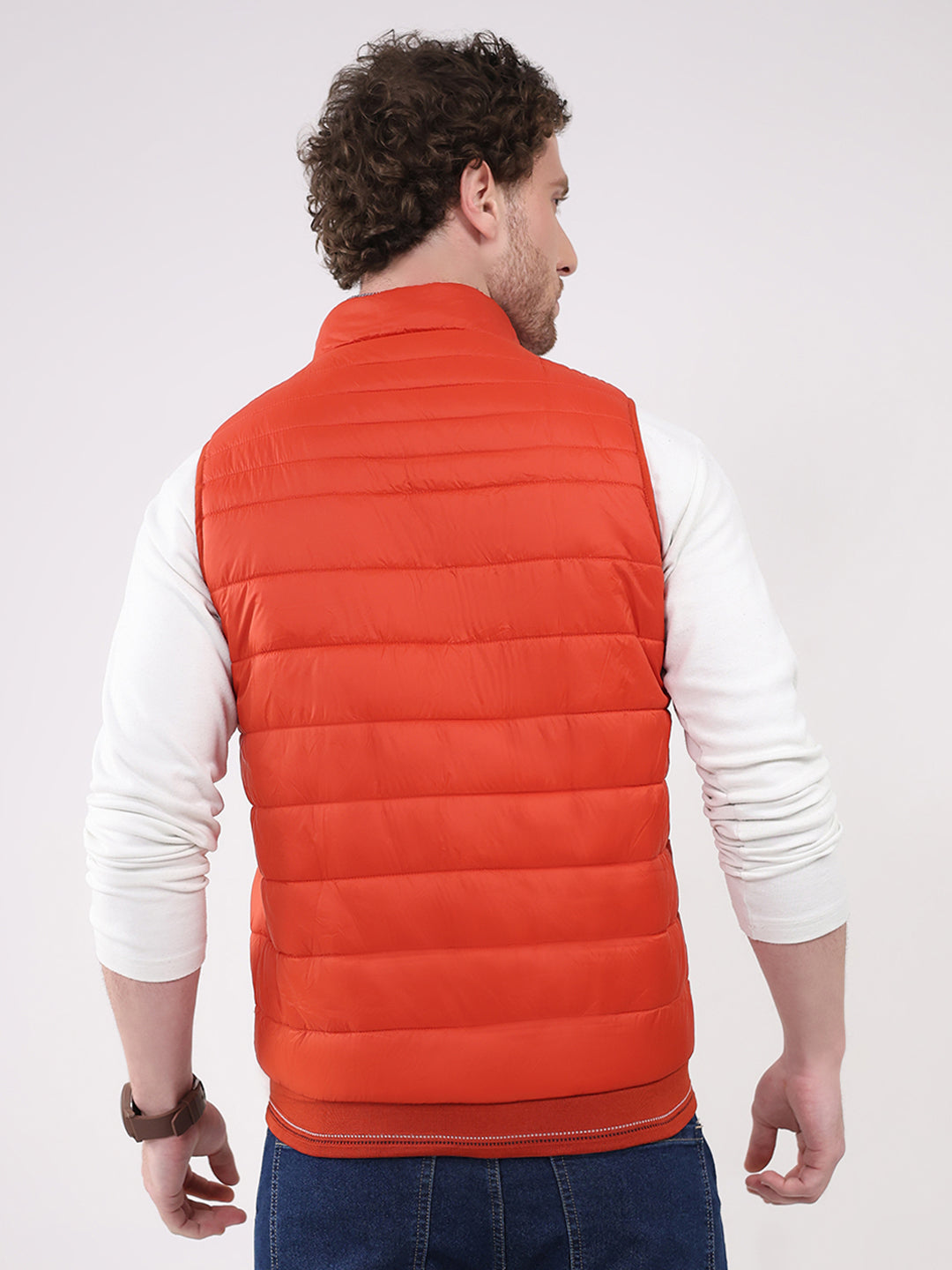 Men Orange Solid Collar Sleeveless Jacket