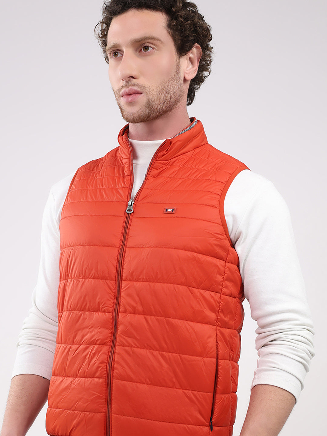 Men Orange Solid Collar Sleeveless Jacket