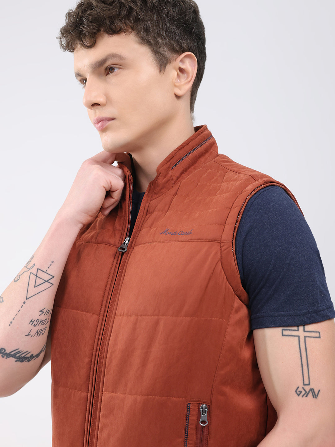 Men Rust Solid Collar Sleeveless Jacket