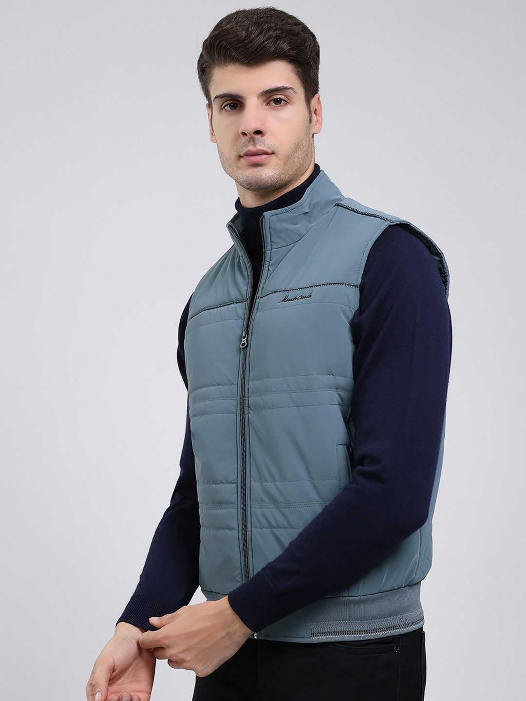 Men Grey Solid Mock Neck Sleeveless Jacket